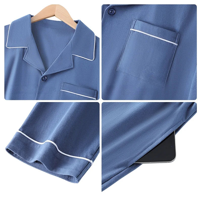 Mens Cotton Pajamas Set Long Sleeve Button up Sleep Shirt & Pants, Soft Comfy Loungewear for Home Wear S-XXL