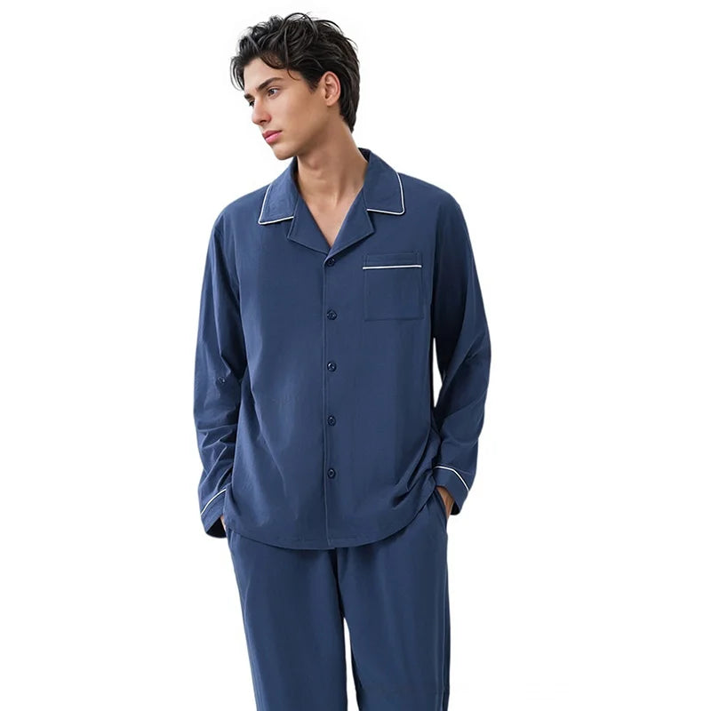 Mens Cotton Pajamas Set Long Sleeve Button up Sleep Shirt & Pants, Soft Comfy Loungewear for Home Wear S-XXL