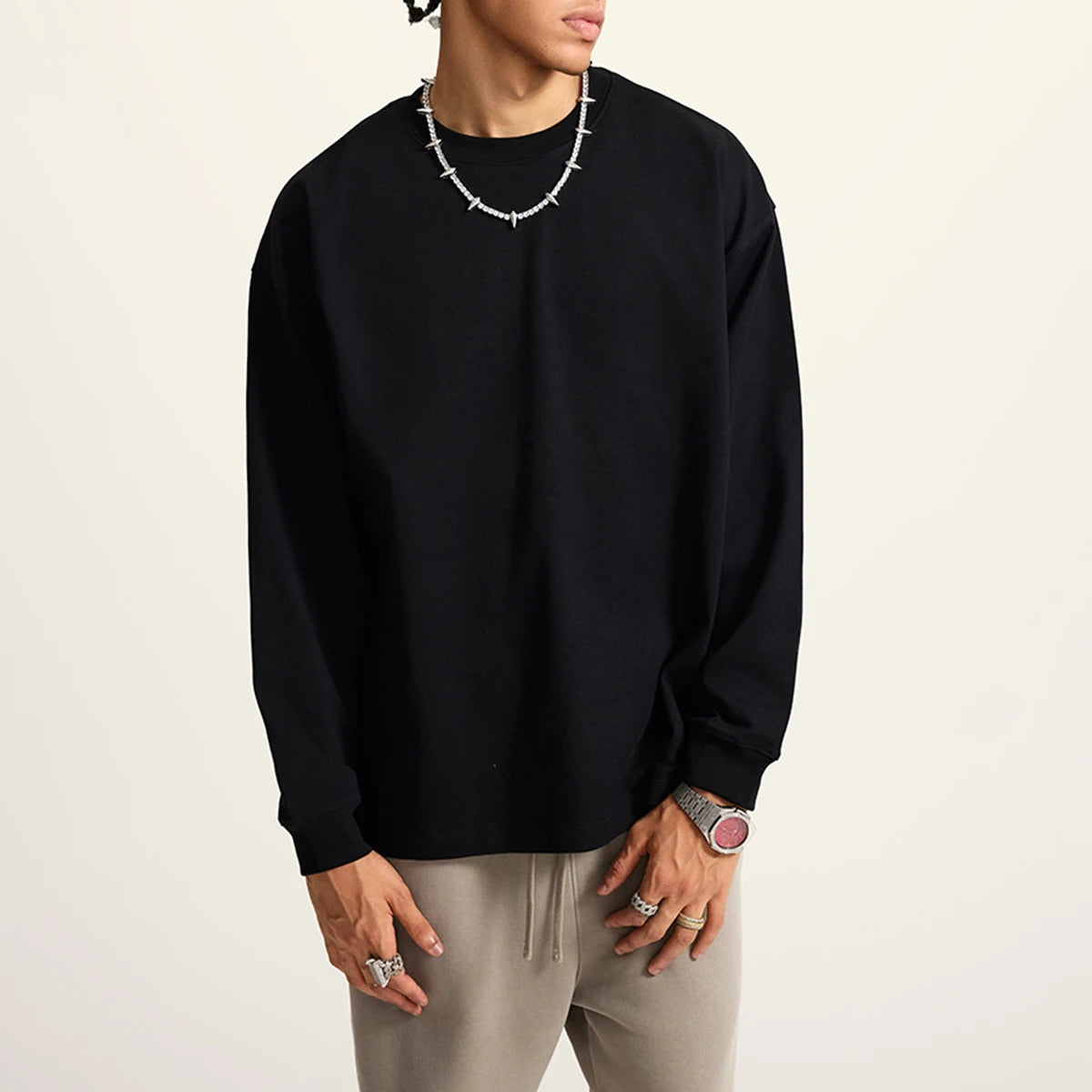 HETH104  Autumn Causal 425gsm heavy weight O-neck oversize long sleeve shirt
