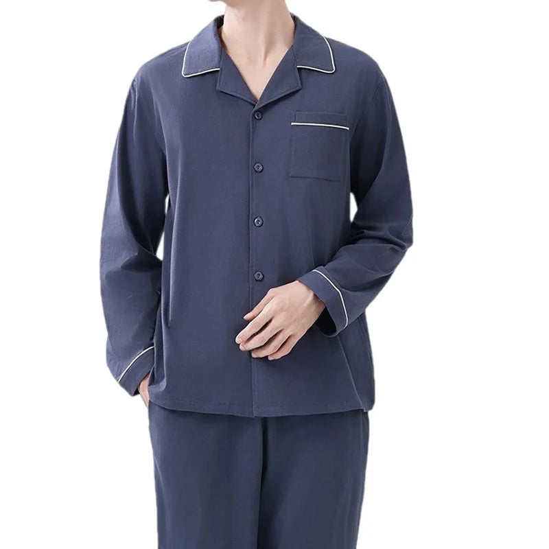 Mens Cotton Pajamas Set Long Sleeve Button up Sleep Shirt & Pants, Soft Comfy Loungewear for Home Wear S-XXL