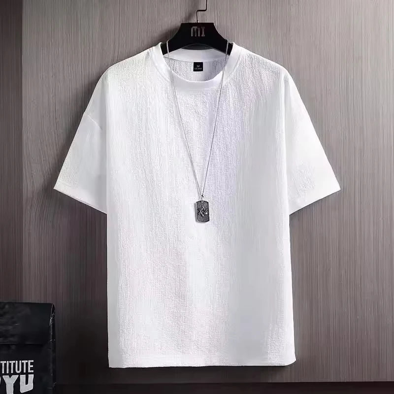 Summer Men's Formal Cotton Linen Short-Sleeved Shirt Solid Color Half-Sleeved 180 Grams Knitted Fabric