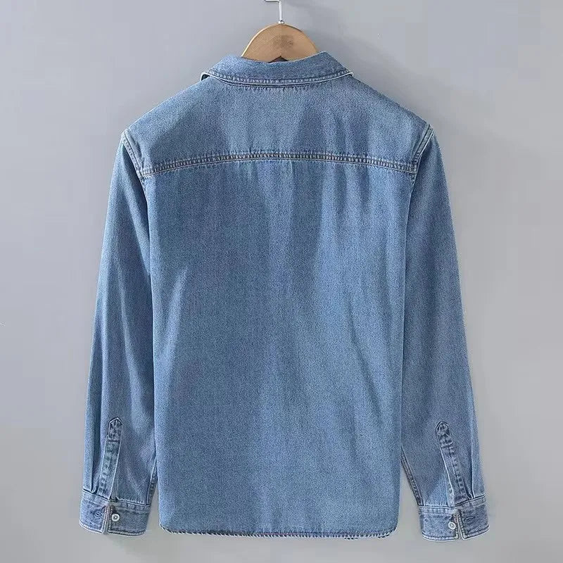 2026  Lev Spring Men's Vintage Washed Distressed Denim Shirt Double Pocket Casual Loose Breathable JeanSing Top