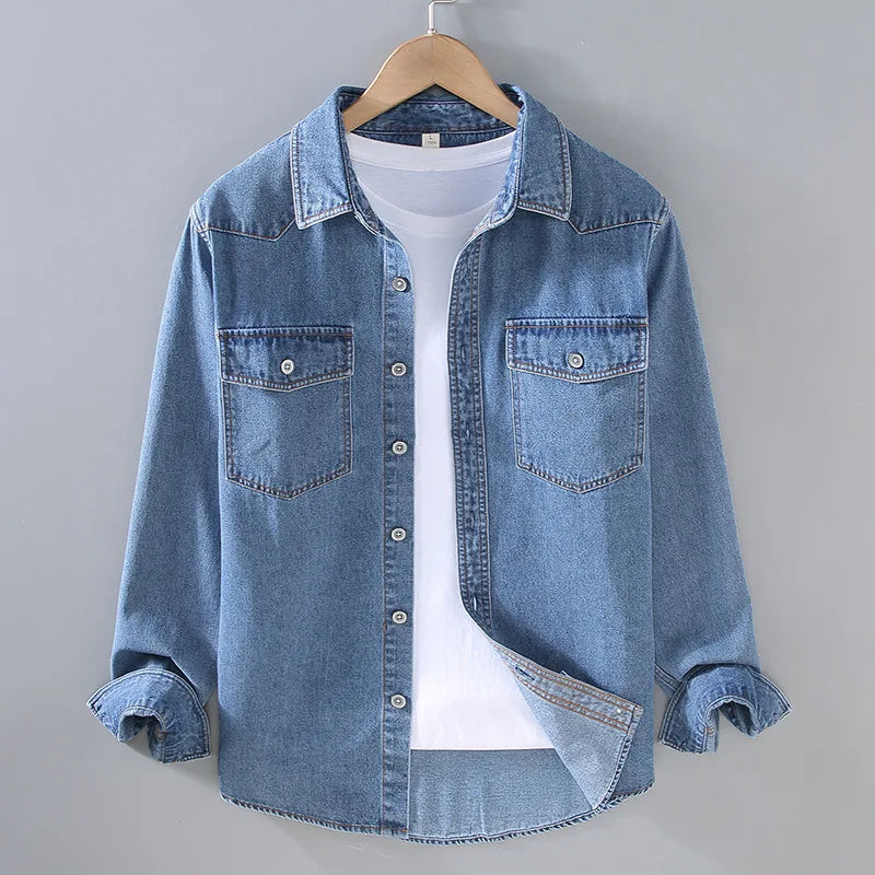 2026  Lev Spring Men's Vintage Washed Distressed Denim Shirt Double Pocket Casual Loose Breathable JeanSing Top