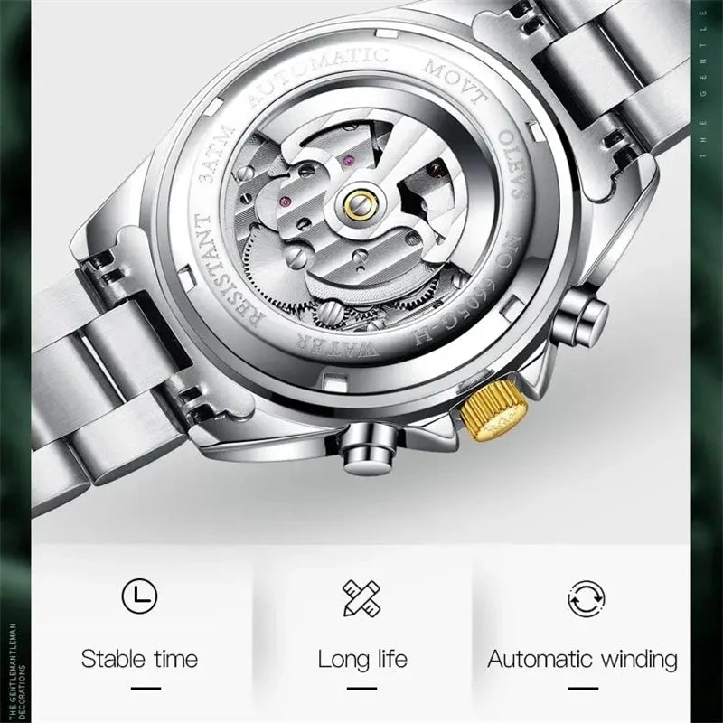 OLEVS 6605 Top Luxury Men's Automatic Mechanical Watch Classic Green Water Ghost Waterproof Luminous Fashion Men's Watch