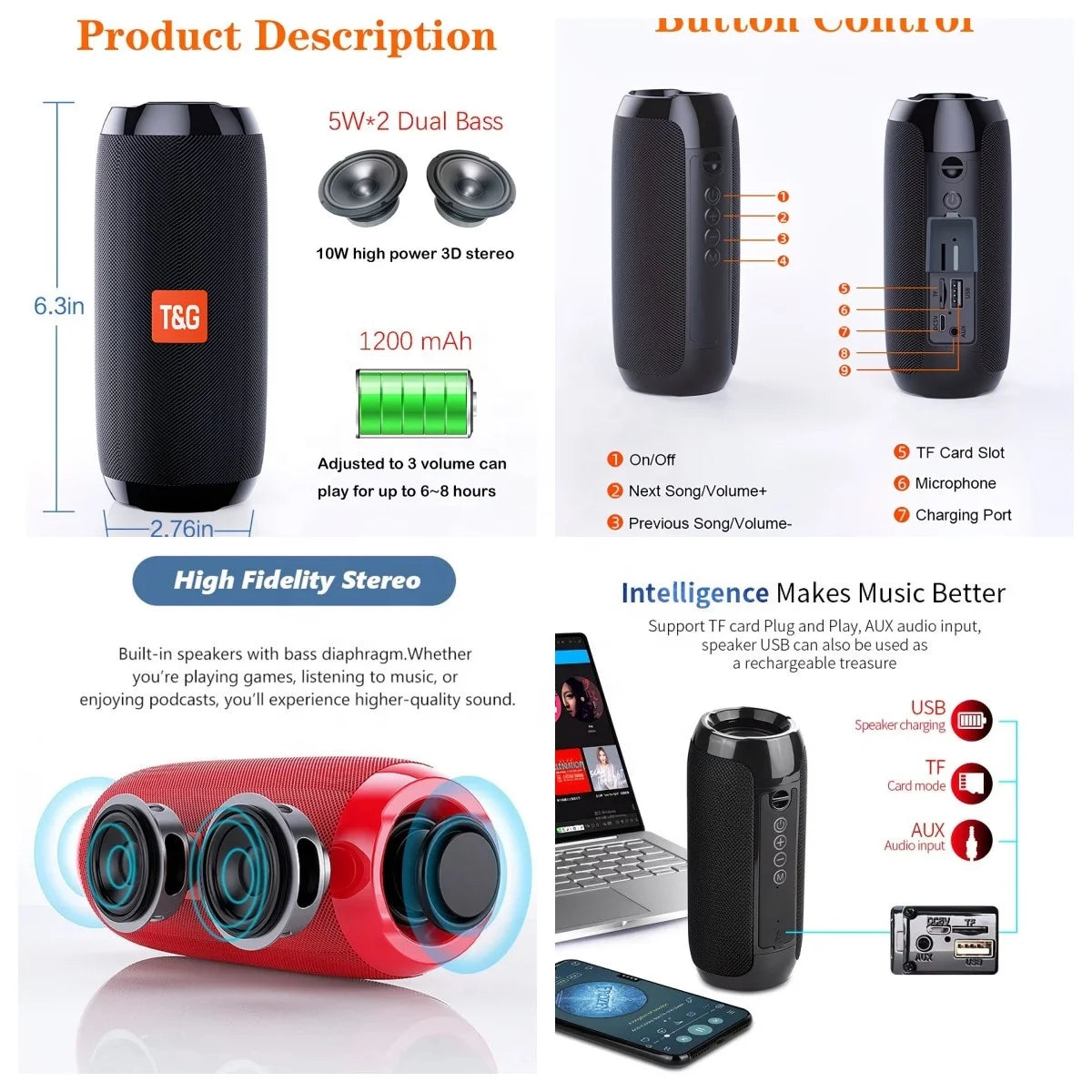 OEM T&G TG117 Speaker Outdoor Mini Wireless for V5.3 Waterproof Speaker with USB TF/SD Support 10-15h Battery Life