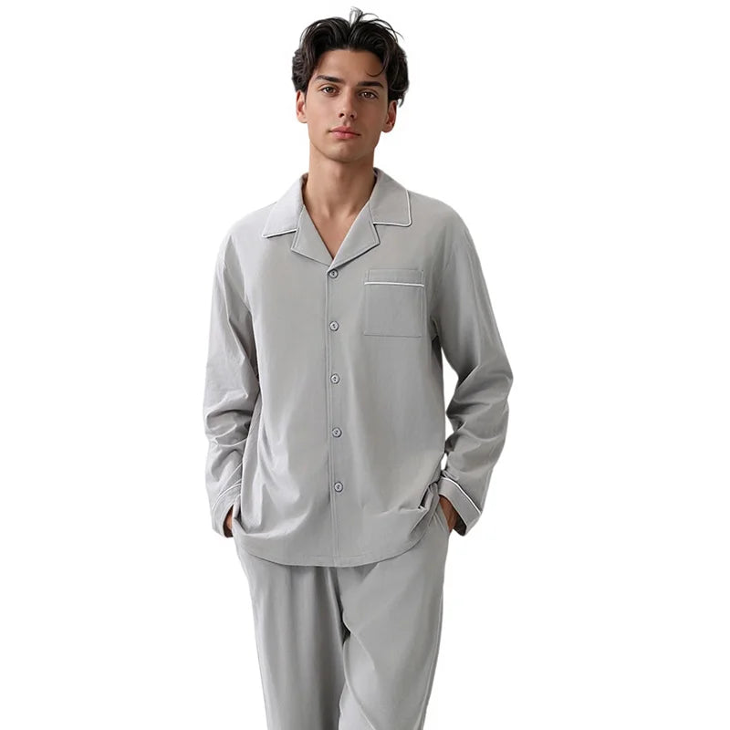 Mens Cotton Pajamas Set Long Sleeve Button up Sleep Shirt & Pants, Soft Comfy Loungewear for Home Wear S-XXL