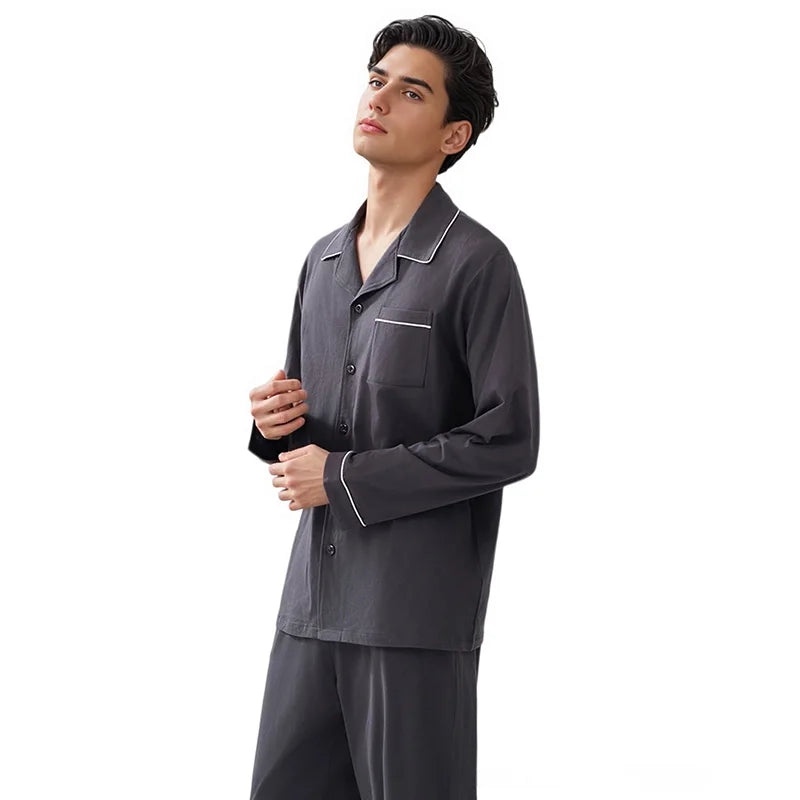 Mens Cotton Pajamas Set Long Sleeve Button up Sleep Shirt & Pants, Soft Comfy Loungewear for Home Wear S-XXL