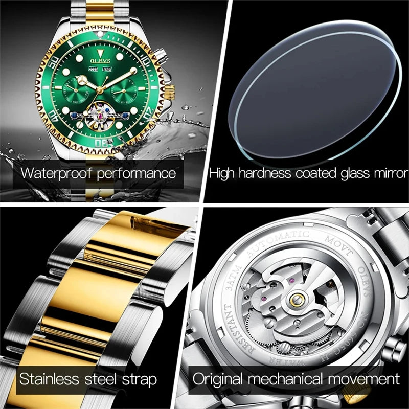 OLEVS 6605 Top Luxury Men's Automatic Mechanical Watch Classic Green Water Ghost Waterproof Luminous Fashion Men's Watch