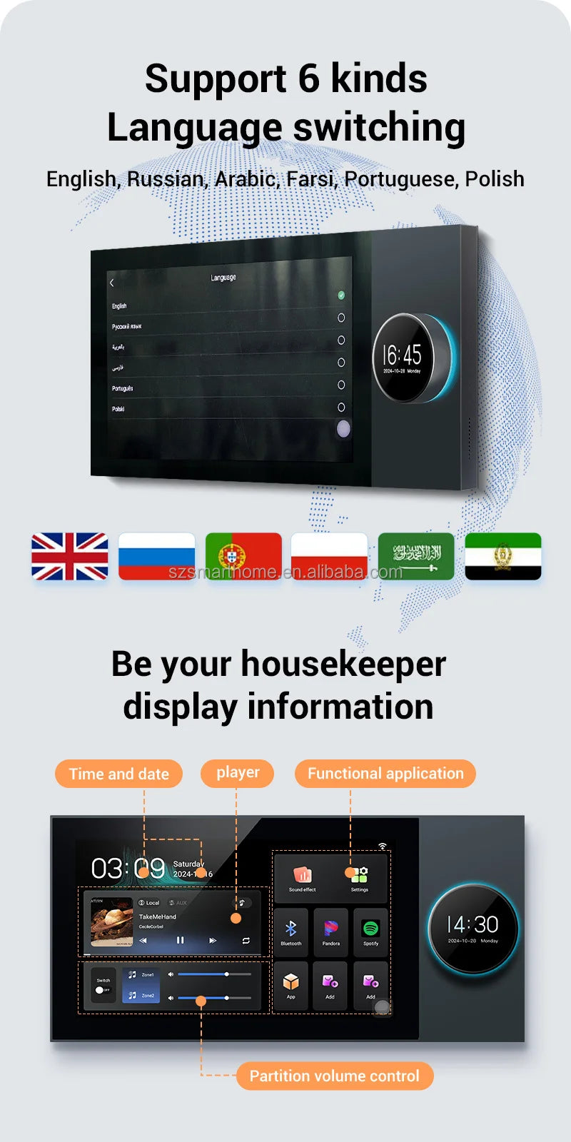 7-Inch Android Operating System Touch Screen Music Host Multi-Function Independent Zones Wall-Mounted Central Smart Home Product