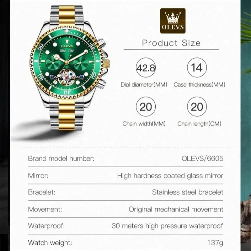 OLEVS 6605 Top Luxury Men's Automatic Mechanical Watch Classic Green Water Ghost Waterproof Luminous Fashion Men's Watch