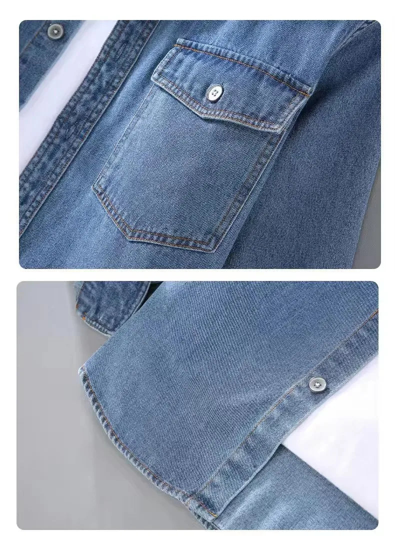 2026  Lev Spring Men's Vintage Washed Distressed Denim Shirt Double Pocket Casual Loose Breathable JeanSing Top