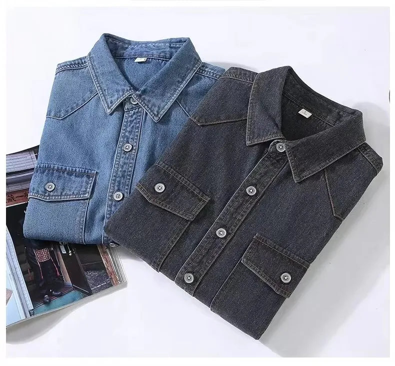2026  Lev Spring Men's Vintage Washed Distressed Denim Shirt Double Pocket Casual Loose Breathable JeanSing Top