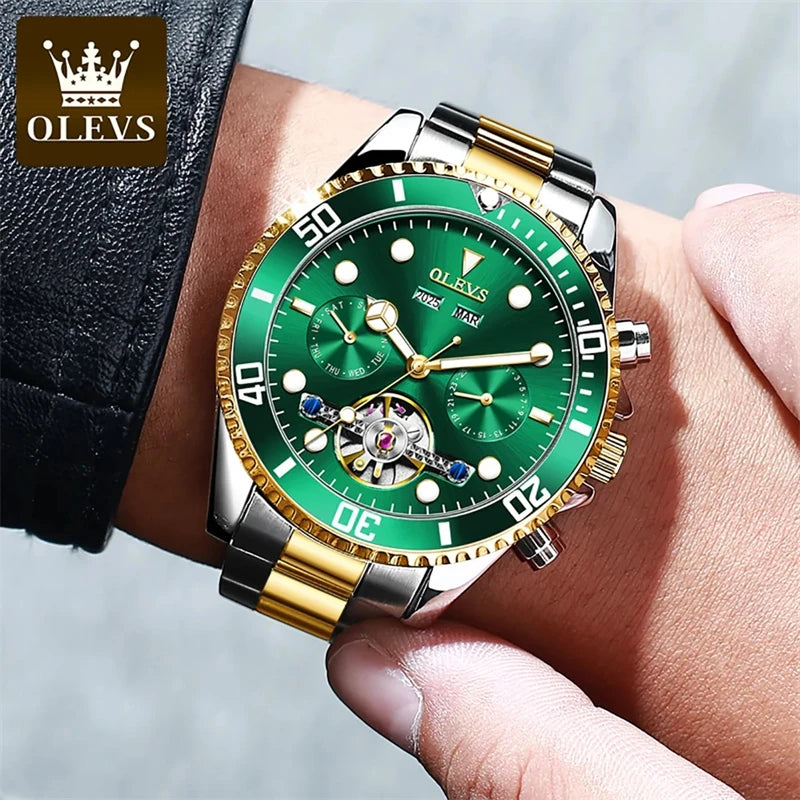 OLEVS 6605 Top Luxury Men's Automatic Mechanical Watch Classic Green Water Ghost Waterproof Luminous Fashion Men's Watch