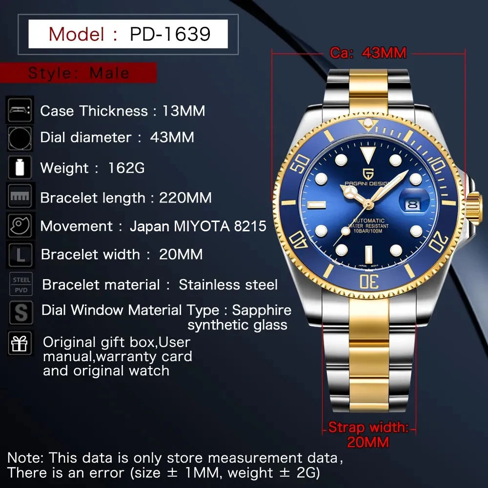 PAGANI DESIGN Top Brand Automatic Watch Luxury Sapphire Glass Mechanical Wristwatch Sports Stainless Steel Waterproof Men Watch