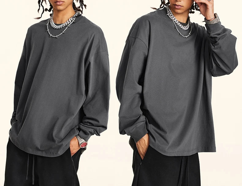 HETH116  New Autumn Casual  Vintage Oversize 230gsm Long Sleeve Shirt  Customize 3D Embroidery Towel Embroidery