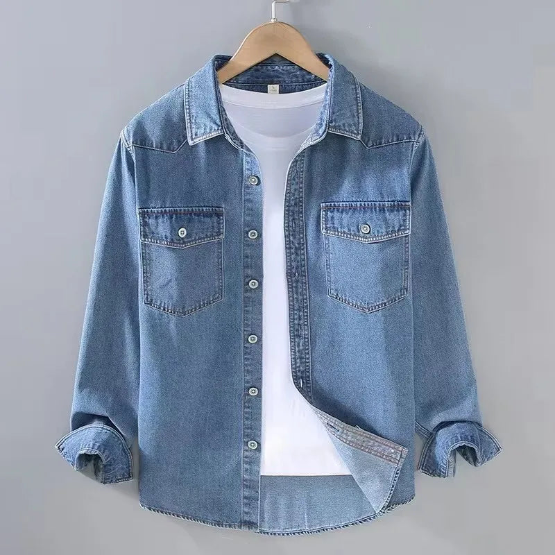 2026  Lev Spring Men's Vintage Washed Distressed Denim Shirt Double Pocket Casual Loose Breathable JeanSing Top