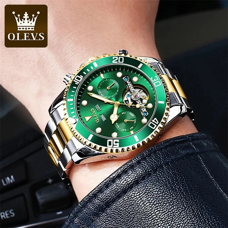 OLEVS 6605 Top Luxury Men's Automatic Mechanical Watch Classic Green Water Ghost Waterproof Luminous Fashion Men's Watch