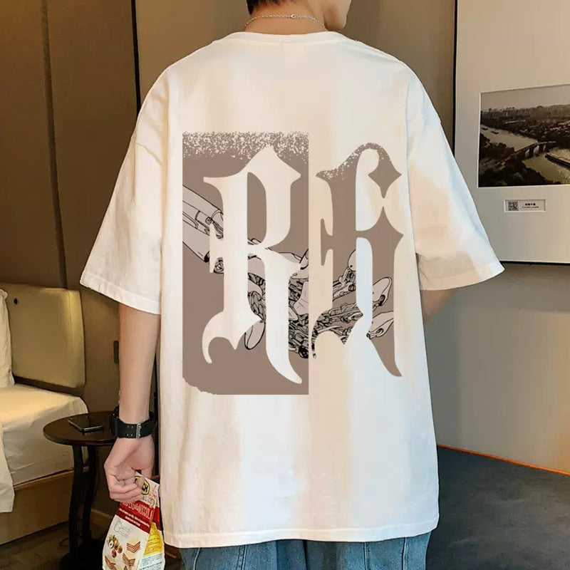 Summer New Chinese White Short-sleeved T-shirt Men's Trendy Brand Hong Kong Style Loose Couple Half-sleeved Half-sleeved Half-sleeved T-shirt All-match