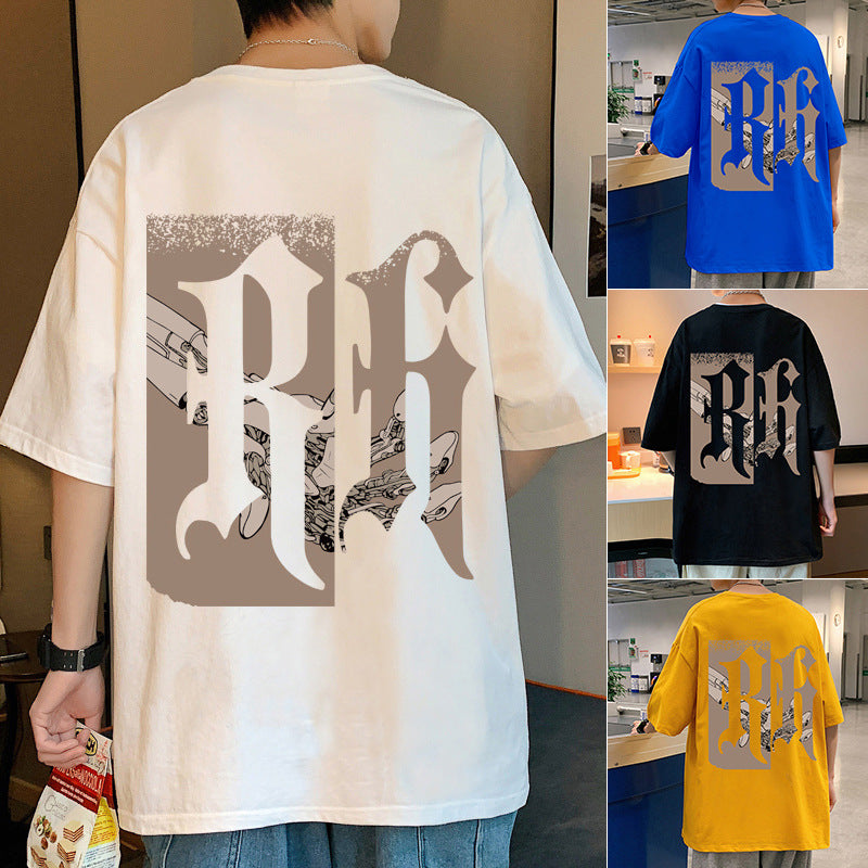 Summer New Chinese White Short-sleeved T-shirt Men's Trendy Brand Hong Kong Style Loose Couple Half-sleeved Half-sleeved Half-sleeved T-shirt All-match