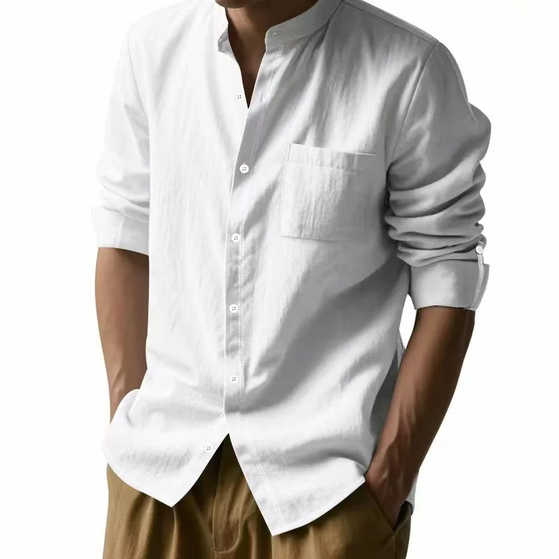 Streetwear Men Lightweight Shirts Long Sleeve Henley Cotton Linen Shirts for Men Beach Hawaiian Shirts Breathable Collar Tshirts
