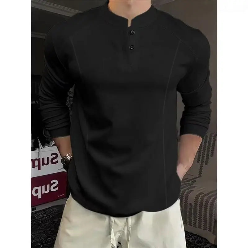 POLO Shirt Henry Collar Long-sleeved T-shirt Men's Autumn Tees Spliced   bottoming Shirt Spring Autumn Tops Sweatshirt