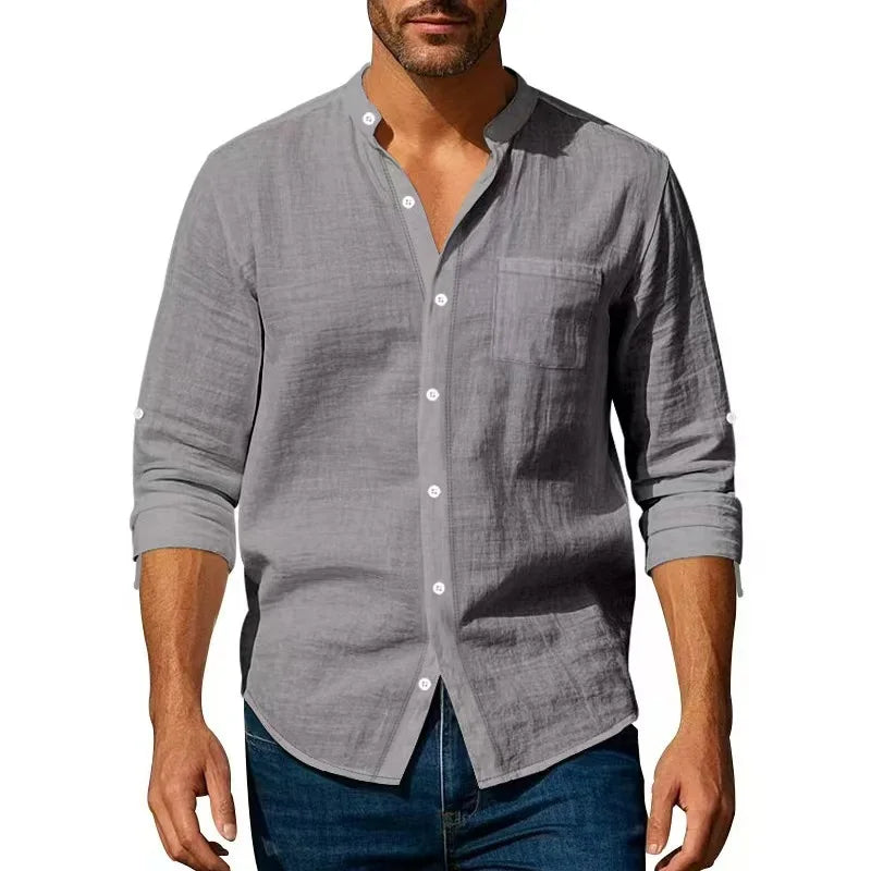Streetwear Men Lightweight Shirts Long Sleeve Henley Cotton Linen Shirts for Men Beach Hawaiian Shirts Breathable Collar Tshirts