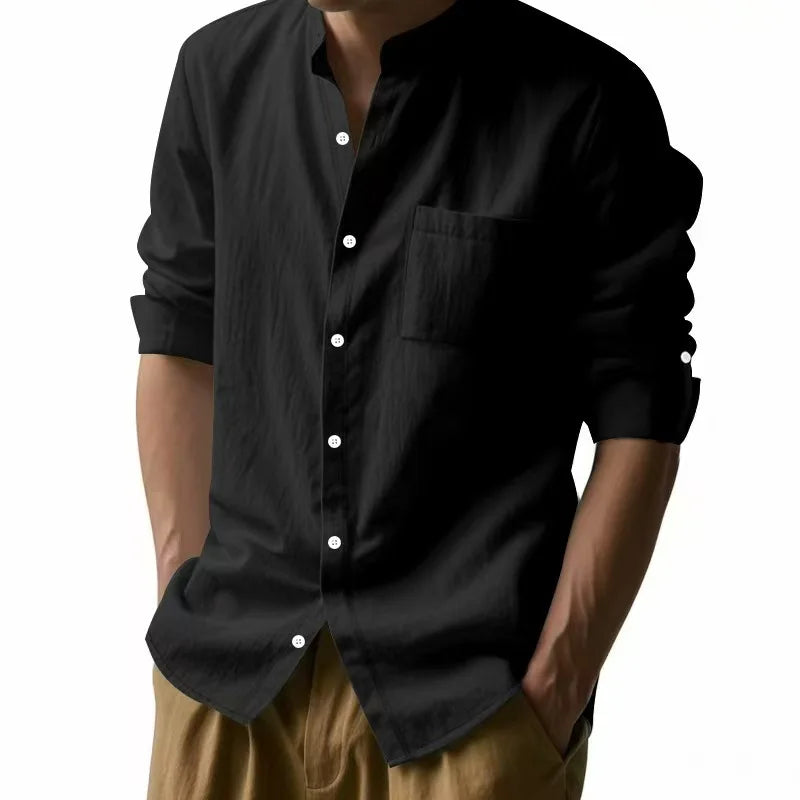 Streetwear Men Lightweight Shirts Long Sleeve Henley Cotton Linen Shirts for Men Beach Hawaiian Shirts Breathable Collar Tshirts