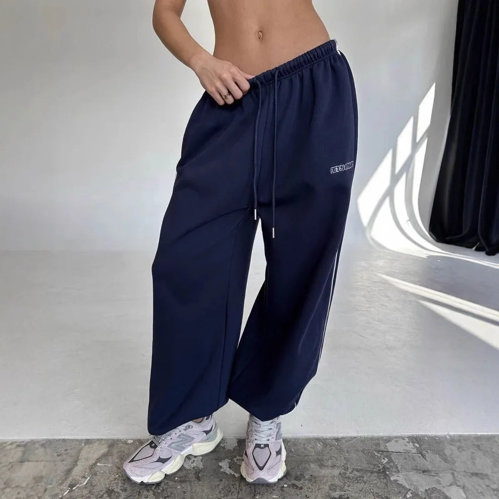 Women Fashion Retro American Pant Autumn Spring New In Wide Leg Stripe Trousers Straight Baggy Joggers Pants Casual Streetwear