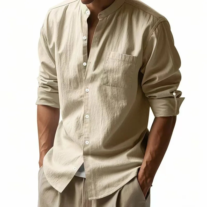 Streetwear Men Lightweight Shirts Long Sleeve Henley Cotton Linen Shirts for Men Beach Hawaiian Shirts Breathable Collar Tshirts