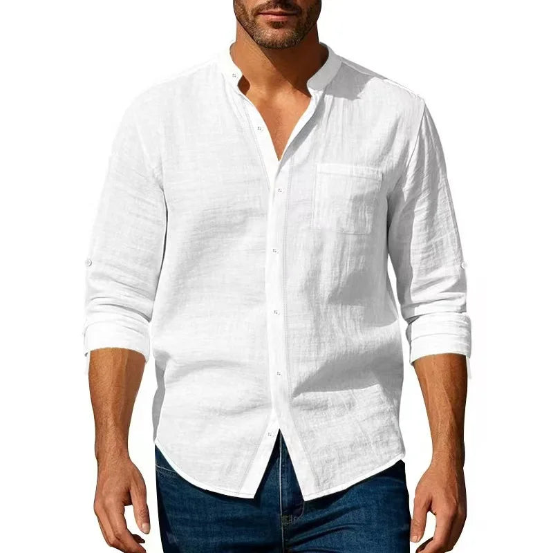 Streetwear Men Lightweight Shirts Long Sleeve Henley Cotton Linen Shirts for Men Beach Hawaiian Shirts Breathable Collar Tshirts