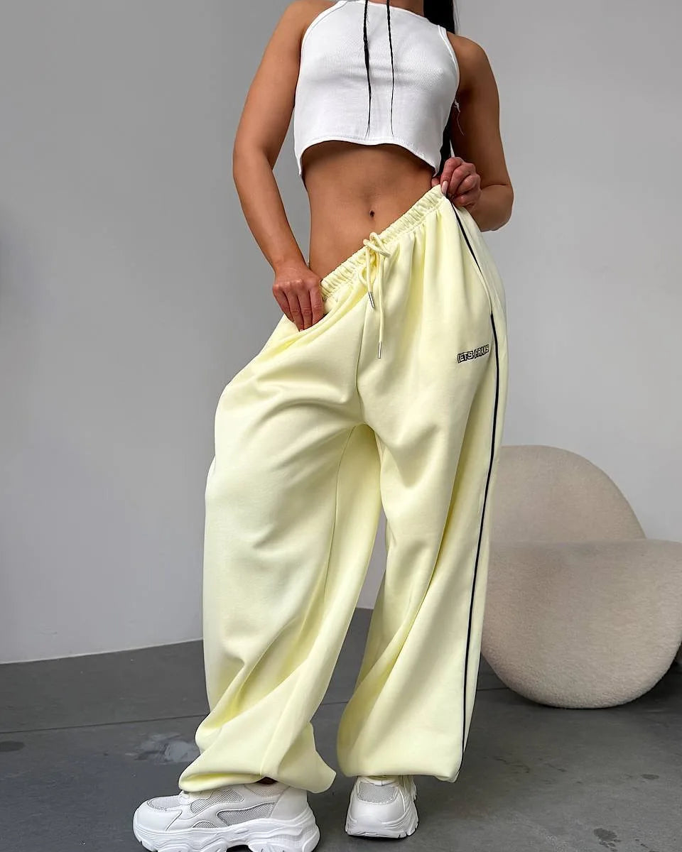 Women Fashion Retro American Pant Autumn Spring New In Wide Leg Stripe Trousers Straight Baggy Joggers Pants Casual Streetwear