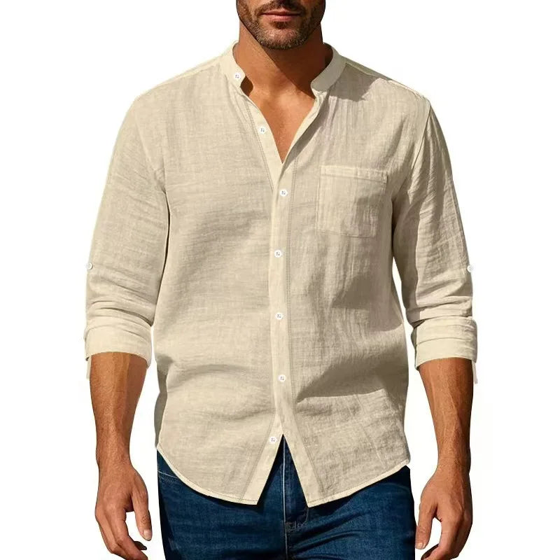 Streetwear Men Lightweight Shirts Long Sleeve Henley Cotton Linen Shirts for Men Beach Hawaiian Shirts Breathable Collar Tshirts