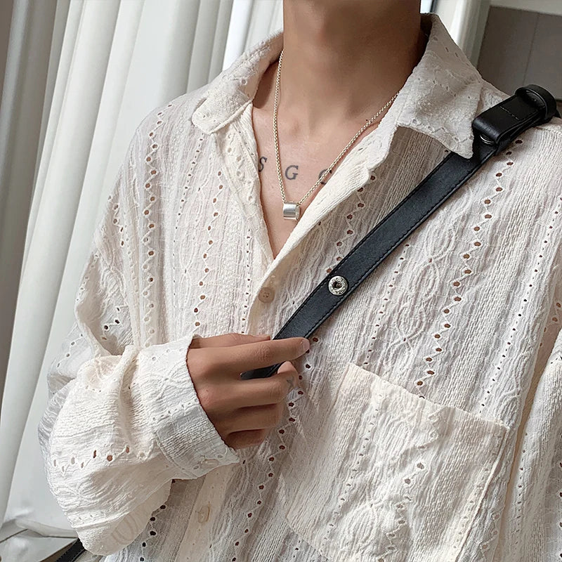 Shirts for Men Hollow Out Lapel Men Blouse Vacation Sexy Handsome Fashion Men Clothing Mesh Long-sleeved Shirts Black/Apricot