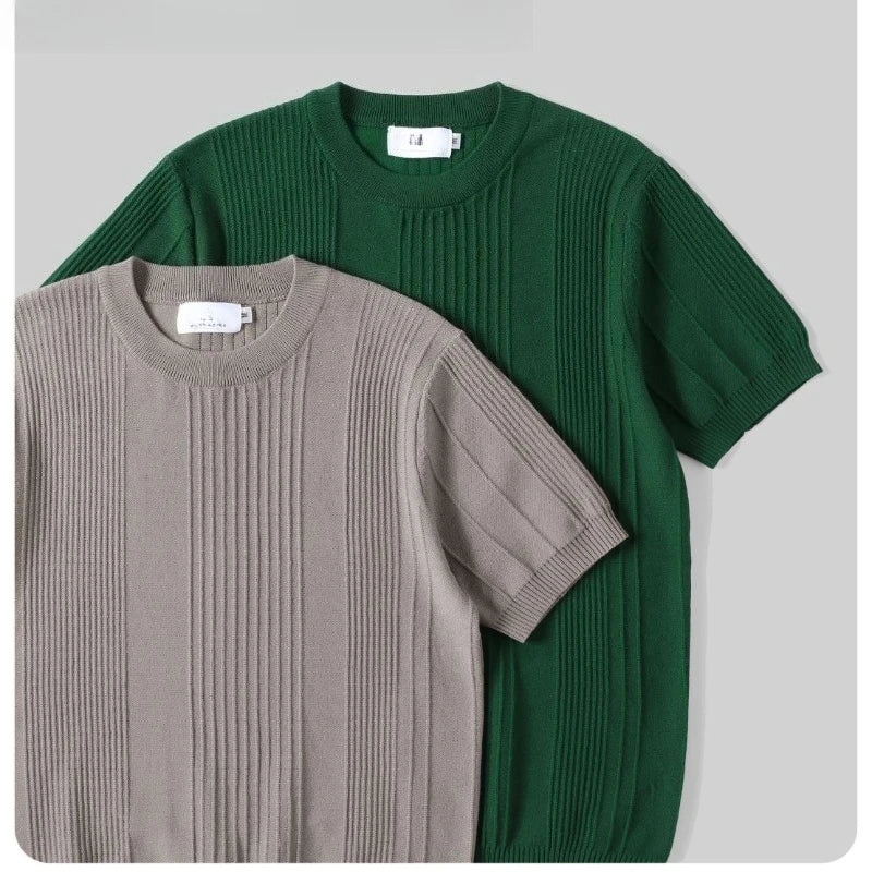 Short-sleeved T-shirt for Men Striped Crochet Knitwear Retro Solid Luxury T-Shirts Slim Stylish Spring Summer Cool Casual Shirt