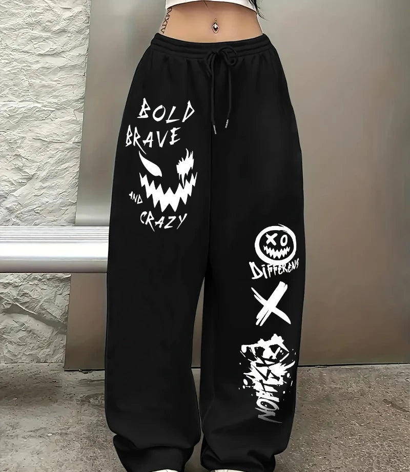 Women's Fashion Pants "Bold, Brave, Crazy" Printed Pattern - Comfortable Loose Drawstring Belt, Solid Color Sports Pants