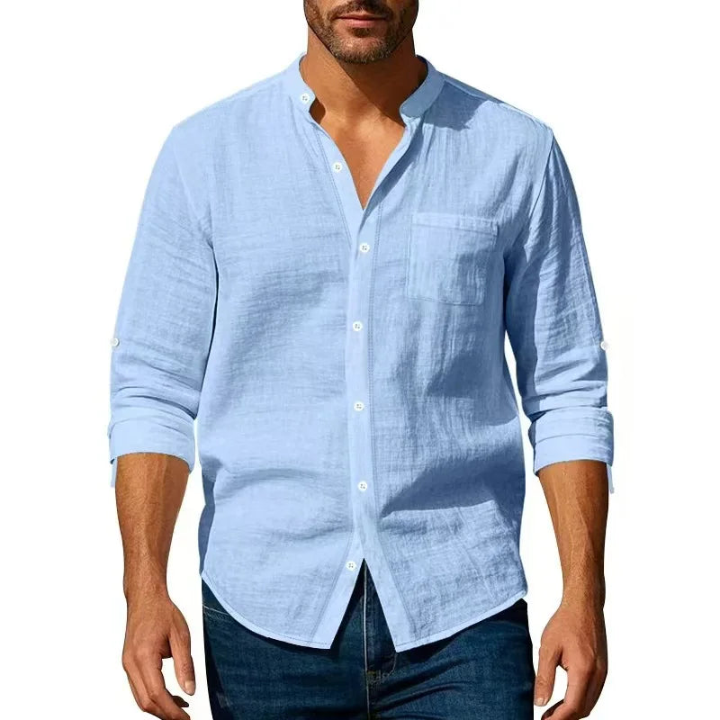 Streetwear Men Lightweight Shirts Long Sleeve Henley Cotton Linen Shirts for Men Beach Hawaiian Shirts Breathable Collar Tshirts