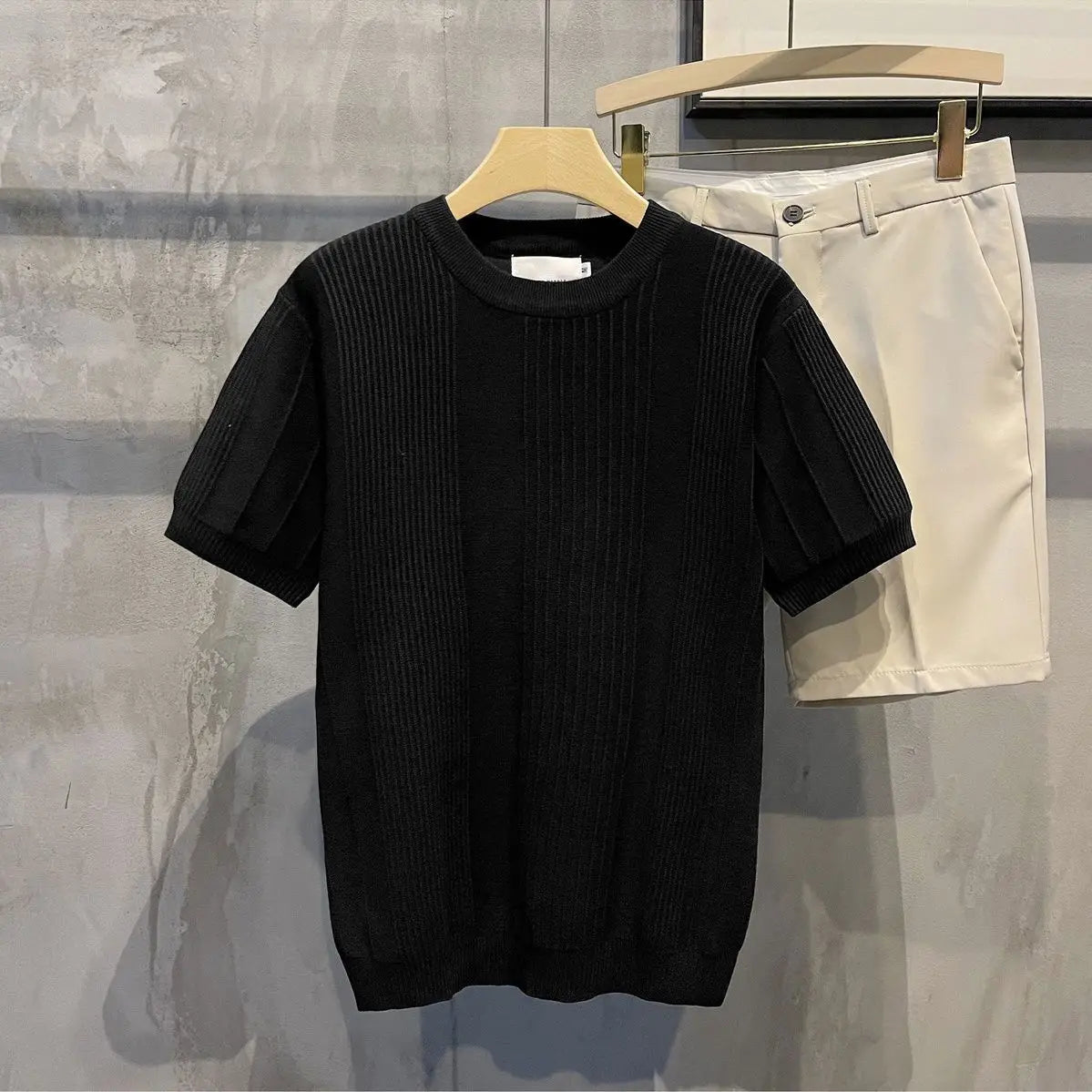 Short-sleeved T-shirt for Men Striped Crochet Knitwear Retro Solid Luxury T-Shirts Slim Stylish Spring Summer Cool Casual Shirt