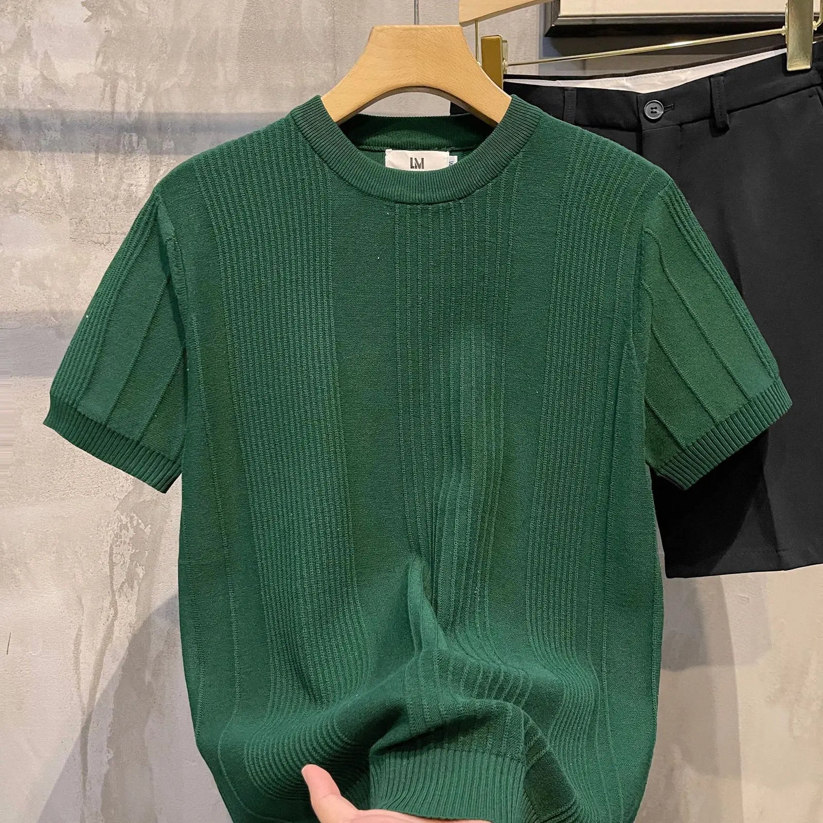 Short-sleeved T-shirt for Men Striped Crochet Knitwear Retro Solid Luxury T-Shirts Slim Stylish Spring Summer Cool Casual Shirt