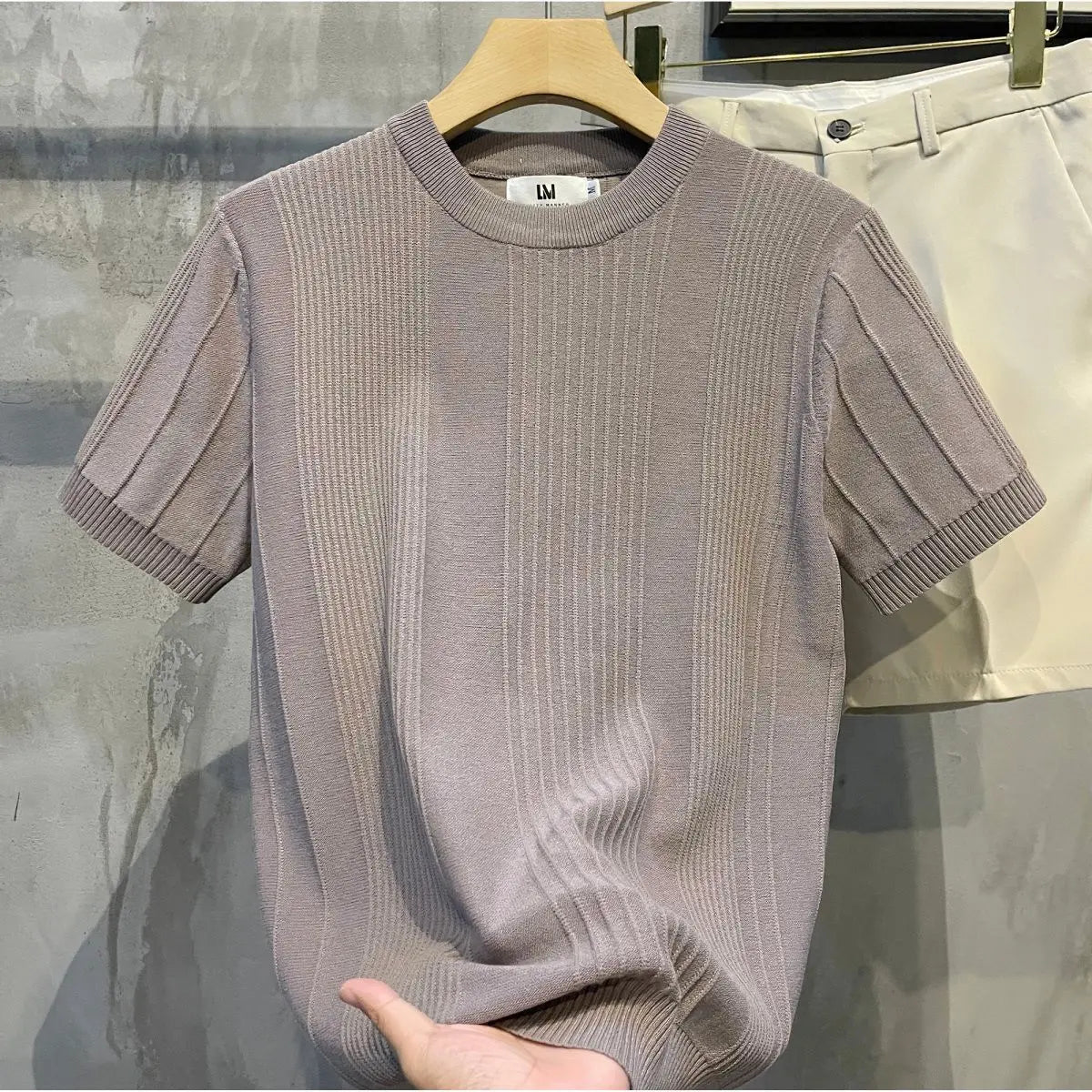 Short-sleeved T-shirt for Men Striped Crochet Knitwear Retro Solid Luxury T-Shirts Slim Stylish Spring Summer Cool Casual Shirt