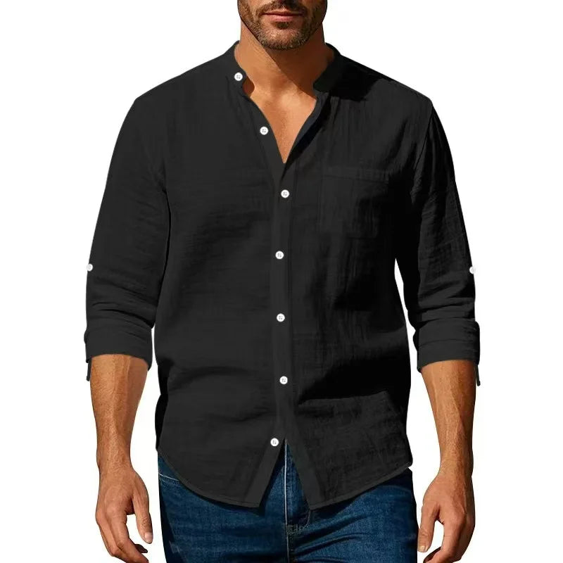 Streetwear Men Lightweight Shirts Long Sleeve Henley Cotton Linen Shirts for Men Beach Hawaiian Shirts Breathable Collar Tshirts