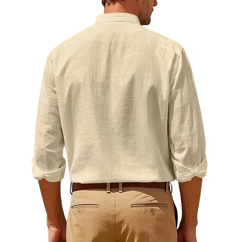 Streetwear Men Lightweight Shirts Long Sleeve Henley Cotton Linen Shirts for Men Beach Hawaiian Shirts Breathable Collar Tshirts