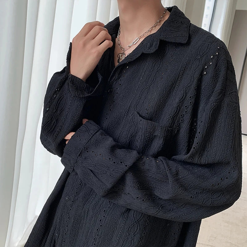 Shirts for Men Hollow Out Lapel Men Blouse Vacation Sexy Handsome Fashion Men Clothing Mesh Long-sleeved Shirts Black/Apricot